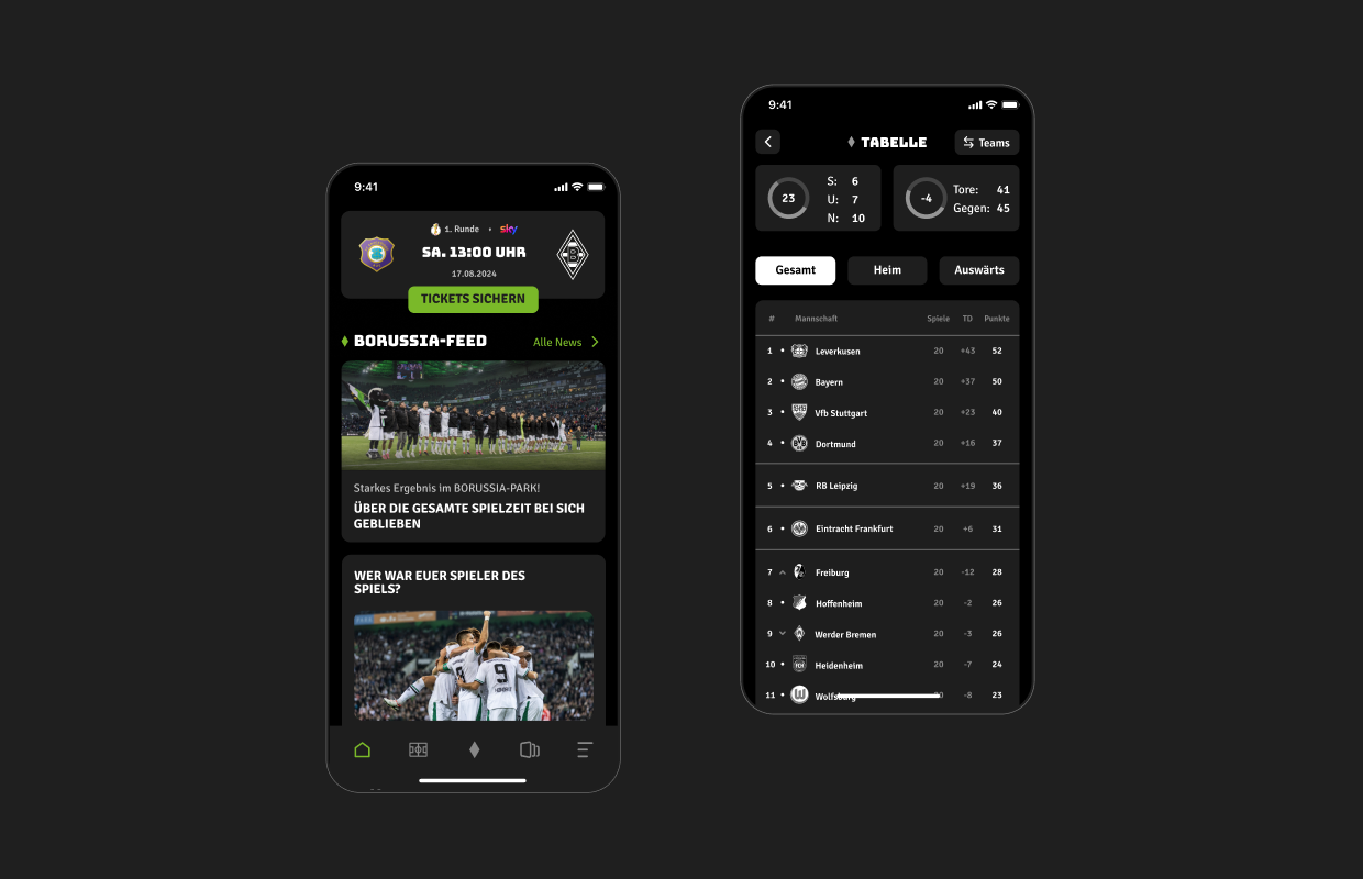 UI-Design der FohlenApp im Dark Mode. Das Dashboard (links) nutzt kontraststarke Buttons und eindeutige Icons für eine farbunabhängige Navigation. In der Tabellenansicht (rechts) werden Informationen barrierefrei aufbereitet: Platzierungsänderungen sind durch Form-Icons (Pfeile) statt nur durch Farbe markiert, und statistische Diagramme werden durch Text-Labels (S/U/N) ergänzt, um volle Verständlichkeit auch ohne Farbwahrnehmung zu garantieren.